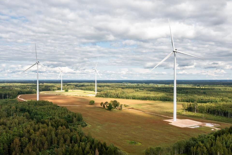 2023. aastal oli tuuleenergia toodang Eestis kokku 0,7 TWh. Fotol Saarde tuulepark.