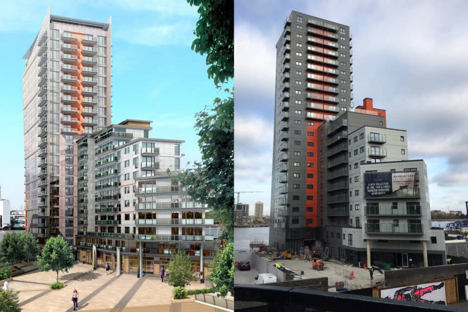 Vasakpoolsel pildil oleva joonistuse alusel taotles arendaja ehitusluba. Parempoolsel fotol on näha tulemus, mille lammutamist Londoni linnaosavalitsus nõuab.