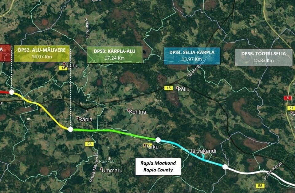 Pildil projekteerimislõikude (DPS) jaotus, millel on kujutatud DPS5 Tootsi-Selja projekteerimislõiku. Ehitustöödega Tootsi-Selja lõigul on kavas alustada 2025. aasta kevadel.