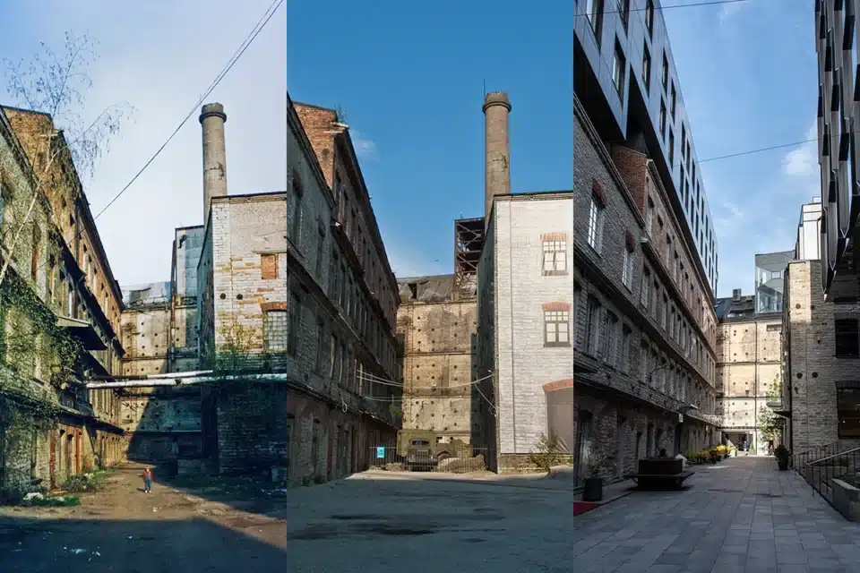 Kolm kaadrit Rotermanni kvartalist: esimene pilt on 1998., teine 2010. ja kolmas 2022. aastast.
