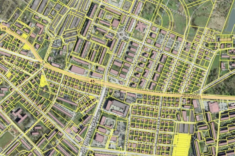 Fragment Tartu Annelinna kaardist Ehitisregistris.