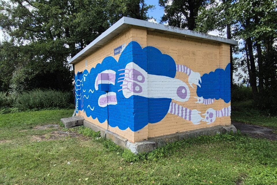 Vinkli 2 aadressil asuvale pumplale maalis Teele Kiisk kunstiteose "Koertemäng".